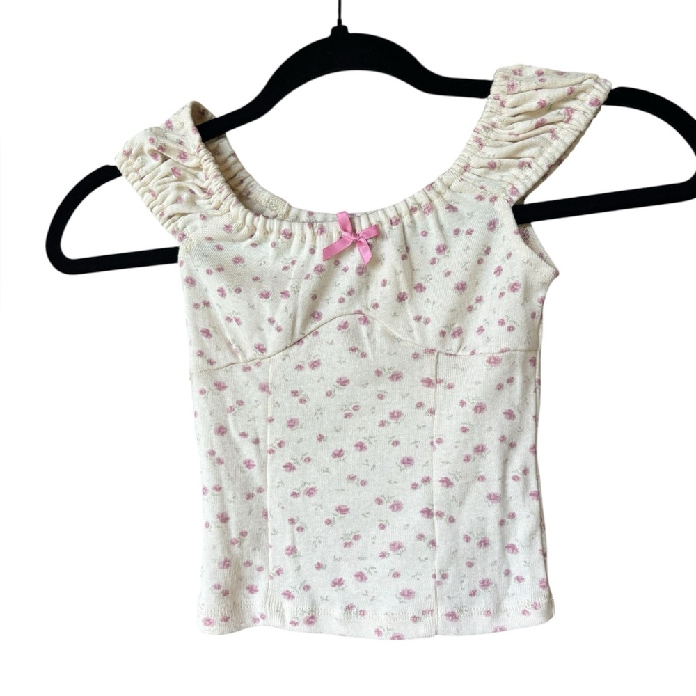 RSQ XS Juniors Ditsy Floral Bow Top Cream Pink Short Sleeve Y2K‎ Cottagecore